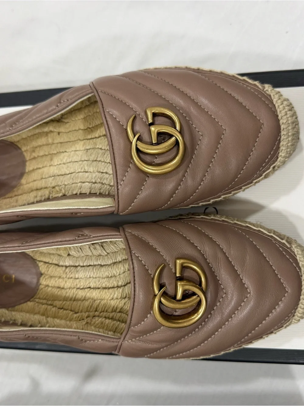 GUCCI Leather Quilted Espadrille  in Taupe with Gold Accent